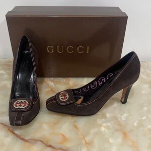 Gucci Brown Suede Mid-Heel Pumps with Gold Logo Accent